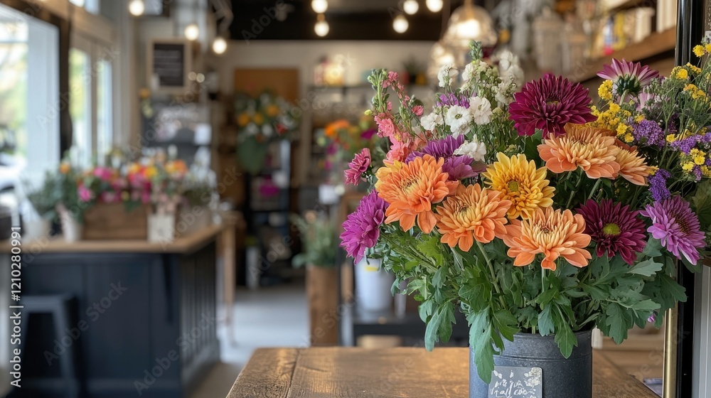 A large bouquet of fresh chrysanthemums in vibrant tones, displayed in a bright and inviting flower shop. A large bouquet of fresh chrysanthemums in vibrant tones, displayed in a bright and inviting flower shop.