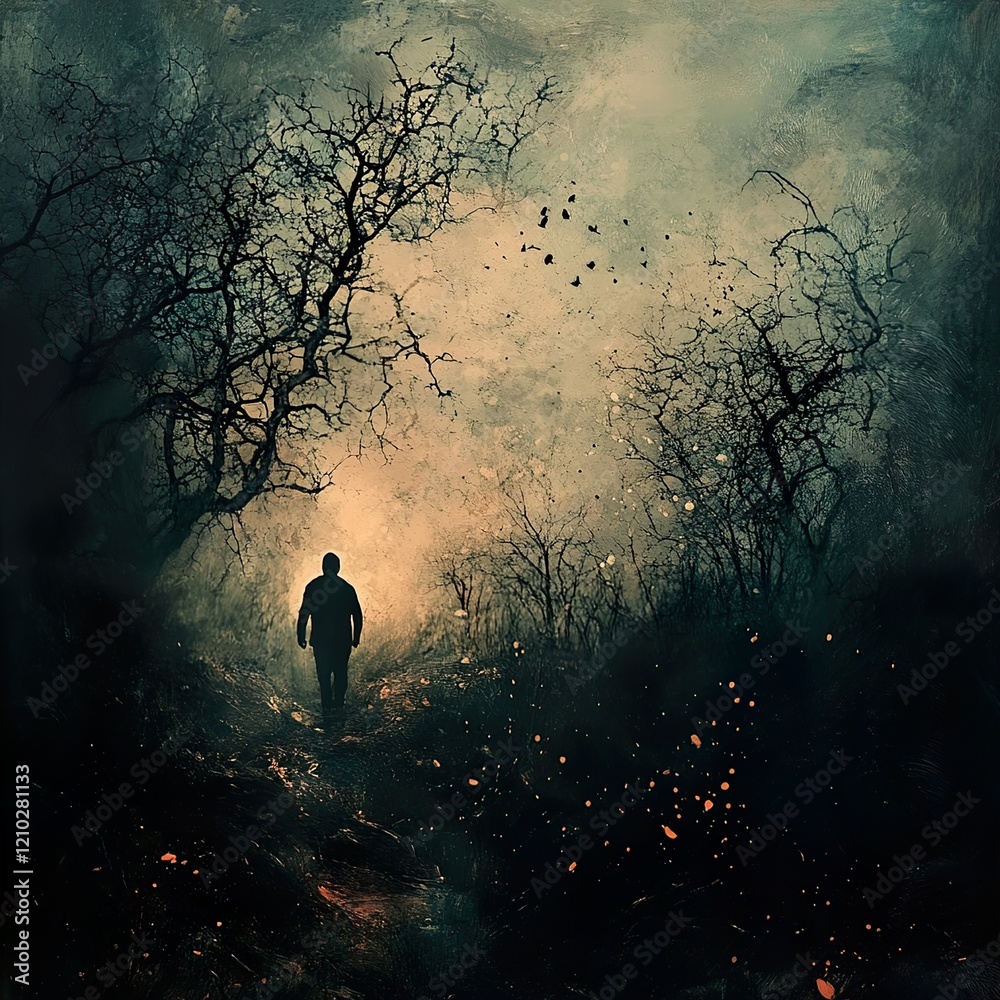 Naklejka premium Solitary Figure in a Dark Forest: A Surreal Journey