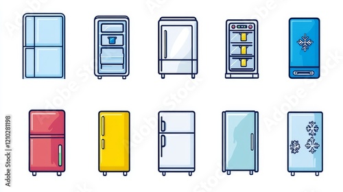 Set of fridge and refrigerator line style. Contains such Icons as household, appliances, double door fridge, side by side door fridge, ice, snowflake, kitchen, Celsius, Fahrenheit and more. photo