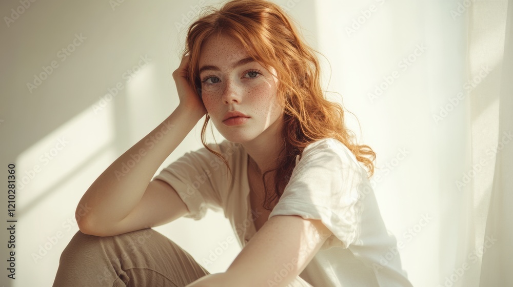 Naklejka premium Young woman in soft light with thoughtful expression at home