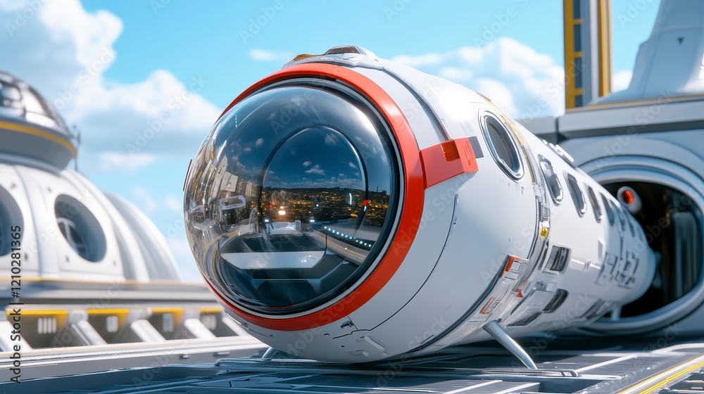 Fototapeta premium Futuristic Space Capsule with Reflections on a Bright Day