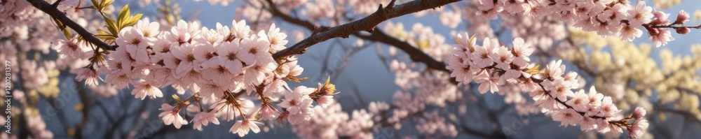 blooming cherry blossom tree branches in full bloom with light yellow and pale pink flowers, delicate textures, cherry blossoms, light yellow blooming cherry blossom tree branches in full bloom with light yellow and pale pink flowers, delicate textures, cherry blossoms, light yellow
