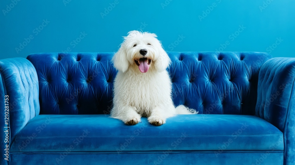 Happy old English sheepdog relaxing on a blue sofa. Happy old English sheepdog relaxing on a blue sofa.