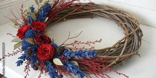 Blue and red floral wreath made from natural materials like willow branches and dried flowers, texture, landscape, stems, branches, nature photo