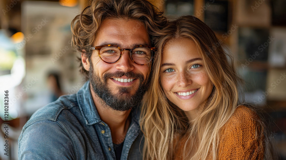 A cheerful couple smiling and planning their future home, showcasing happiness and togetherness A cheerful couple smiling and planning their future home, showcasing happiness and togetherness