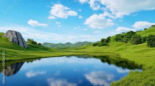 Serene Landscape with Lush Green Hills and Reflective Water Surface