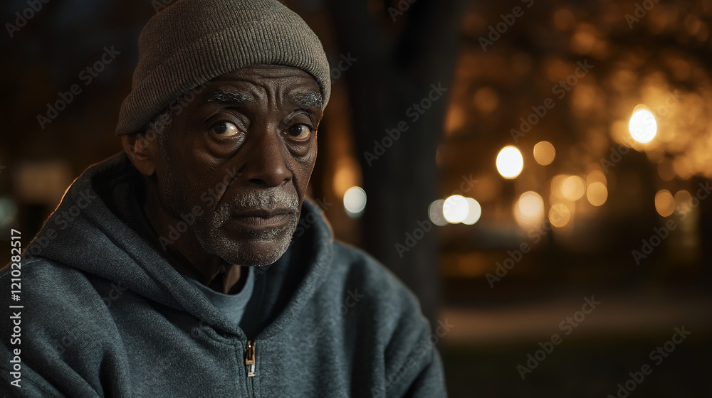 Fototapeta premium Elderly Black Man With A Hoodie, Outdoors At Night