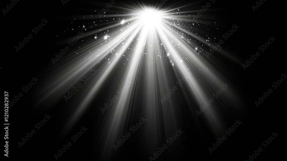 Obraz premium Brilliant lens flare with dazzling light rays and a soft glow on a black backdrop, emphasizing contrast and clarity.