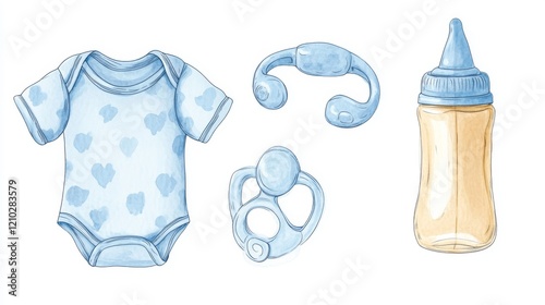 Baby boy things set vector illustration. Hand drawn clip art on isolated background. Watercolor drawing of children's items. Sketch of bodysuit with pacifier and bottle. For shower party or birthday