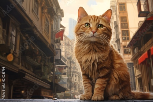 Portrait of a happy manx cat isolated on bustling city street background