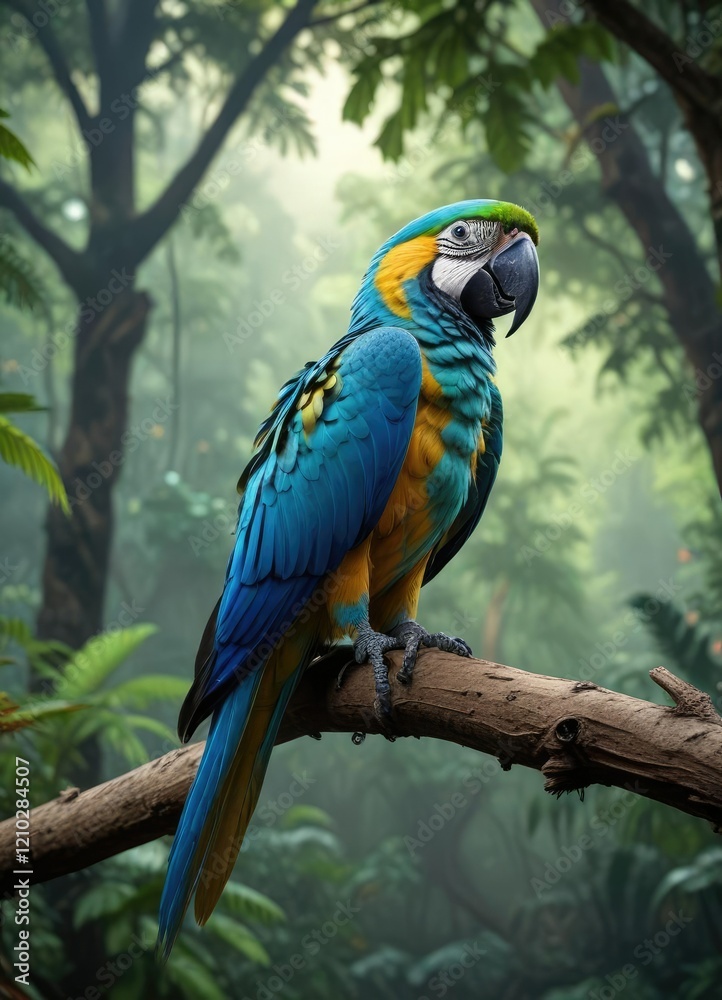 Blue macaw resting on a branch in the rainforest canopy, timber, nature Blue macaw resting on a branch in the rainforest canopy, timber, nature