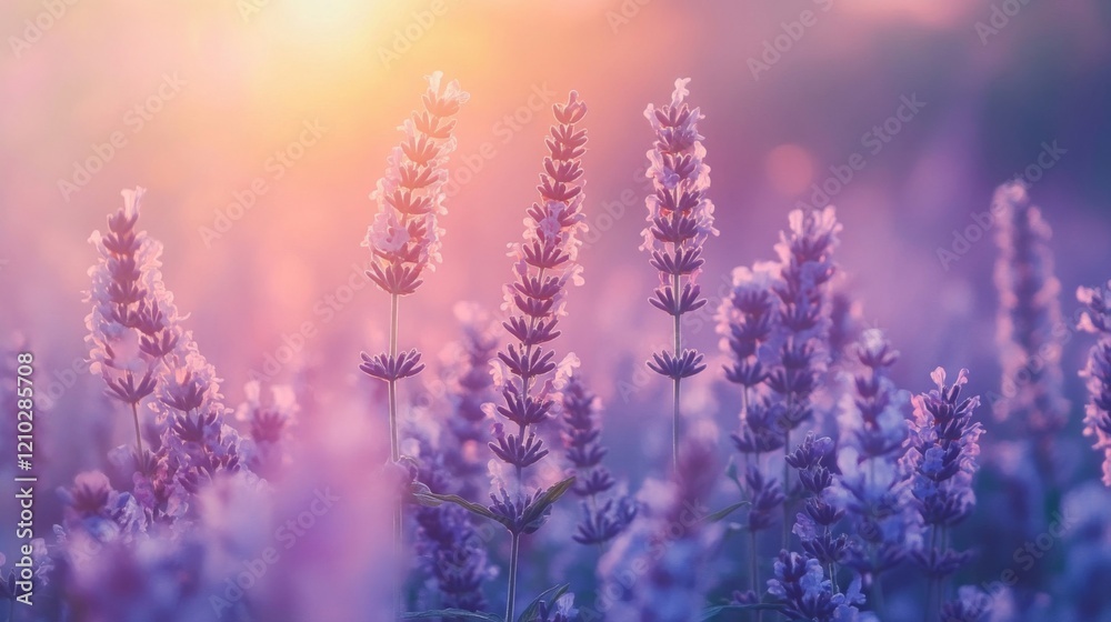Lavender Field at Sunset, Soft Purple Hues and Golden Light Lavender Field at Sunset, Soft Purple Hues and Golden Light