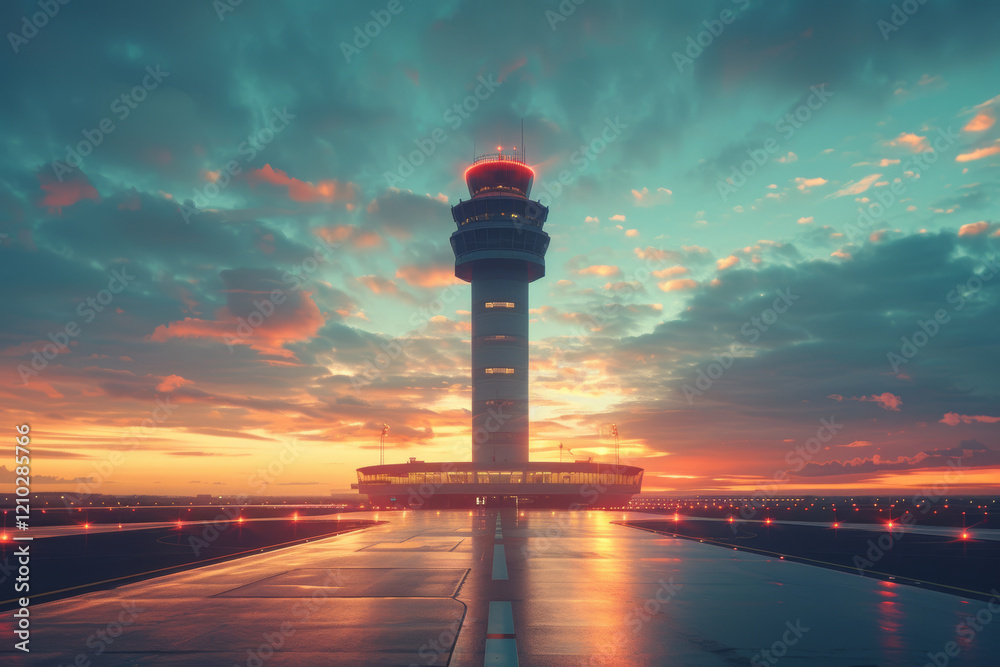 Obraz premium Tower Silhouette Against a Vibrant Sunset at the Airport