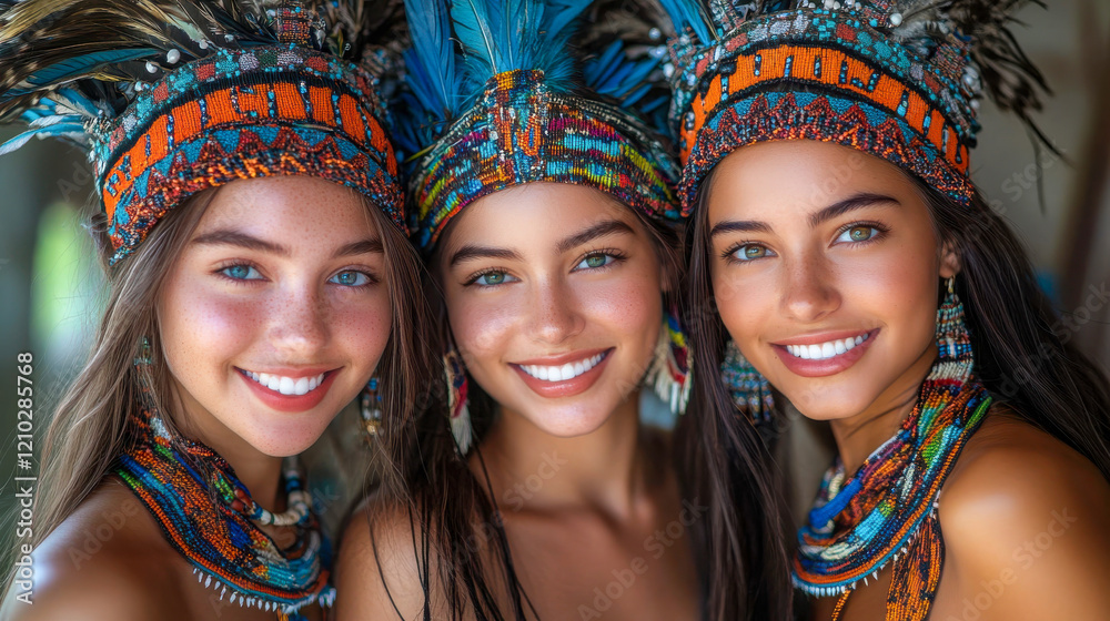 Three young women in traditional Brazilian carnival headpieces, smiling warmly, symbolizing cultural diversity and friendship