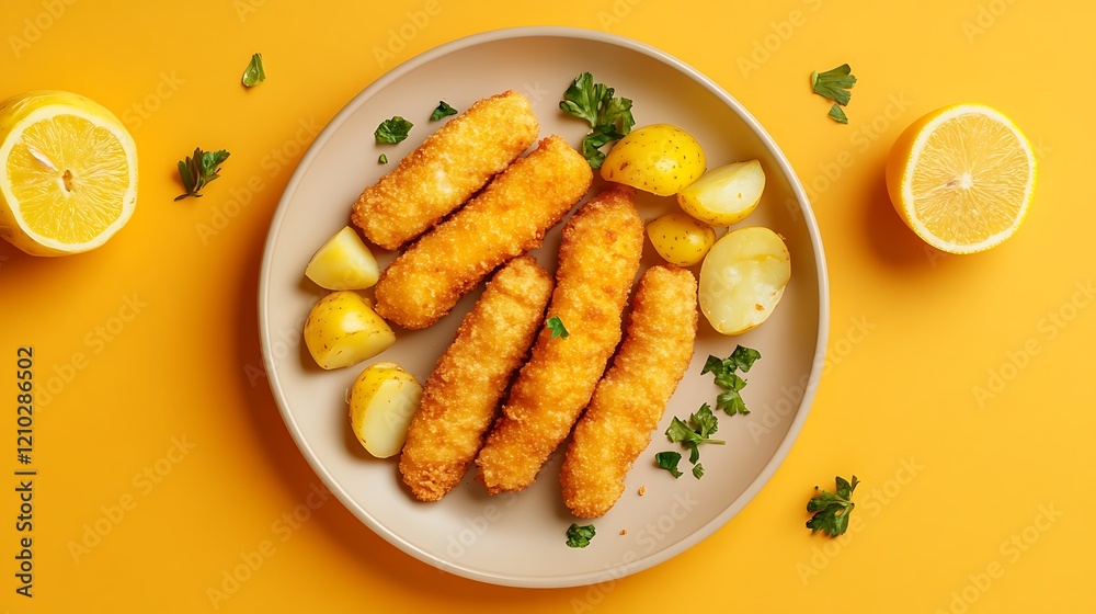 Fried fish sticks with boiled potato on orange background Fried fish sticks with boiled potato on orange background
