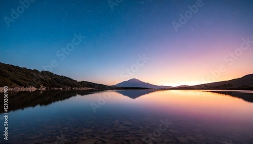 Ripples on Mirror-Like Lac de Codole in Corsica at Dawn with a Pink and Purple Star-Filled Sky photo