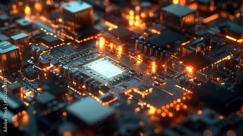 Complex electronic circuit board with glowing components, symbolizing advanced technology, data processing, and the intricate workings of modern computing systems Complex electronic circuit board with glowing components, symbolizing advanced technology, data processing, and the intricate workings of modern computing systems