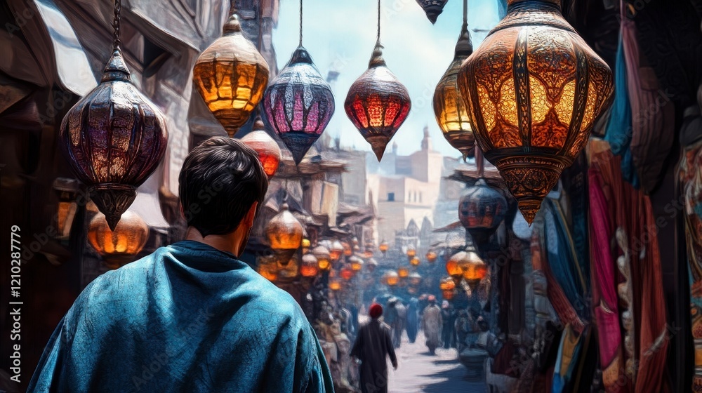 Obraz premium Person in Traditional Clothing Walking Through Vibrant Market Scene