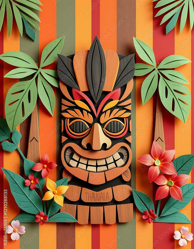 Tiki Mask Paper Cutout, Tropical Flowers, Summer Vacation Tiki Mask Paper Cutout, Tropical Flowers, Summer Vacation