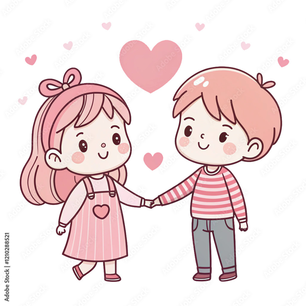 Cute cartoon children holding hands, pink color scheme, boy in overalls and hat, girl in sweater dress, kawaii style, heart motifs, simple line art, pastel background Cute cartoon children holding hands, pink color scheme, boy in overalls and hat, girl in sweater dress, kawaii style, heart motifs, simple line art, pastel background