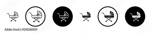 Baby carriage icons set in black filled and stroke line style