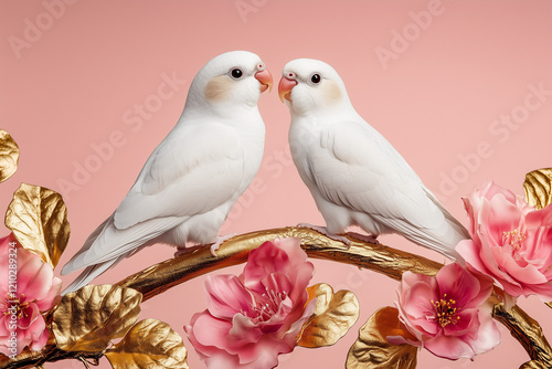 Two decorative birds perched on a branch adorned with flowers and golden leaves against a pink background. perfect for love and spring cards