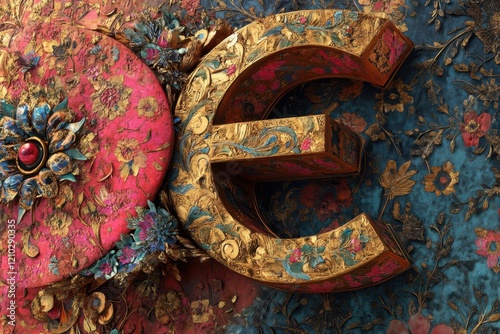 A gold and pink design with the letter E in the center photo