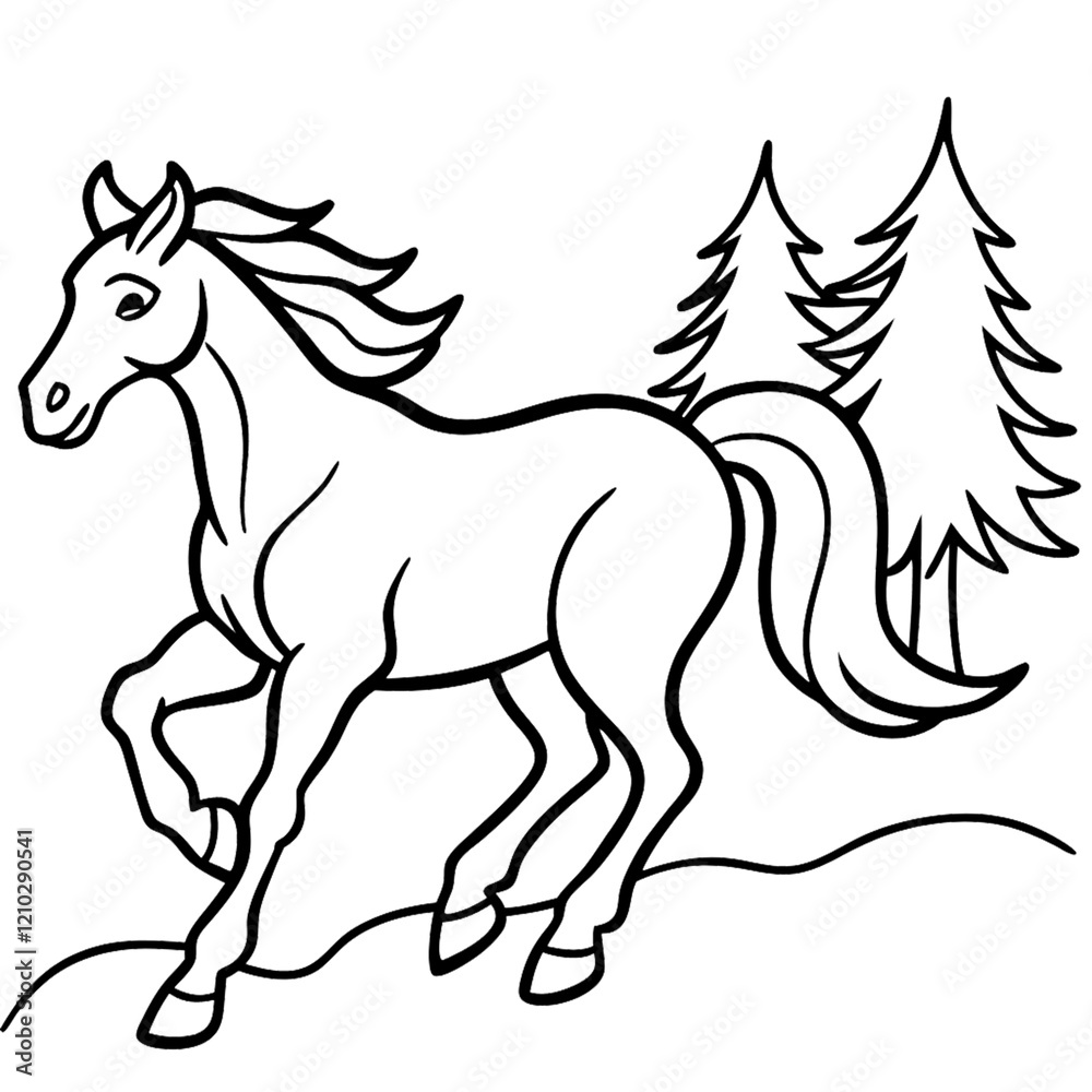 Obraz premium Minimalist line drawing, graceful horse galloping, pine trees background, black and white illustration
