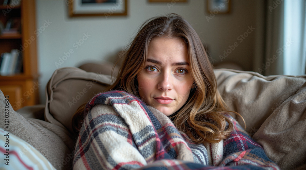 Emotional young woman sitting on couch covered with plaid in cozy indoor setting
Emotional young woman sitting on couch covered with plaid in cozy indoor setting