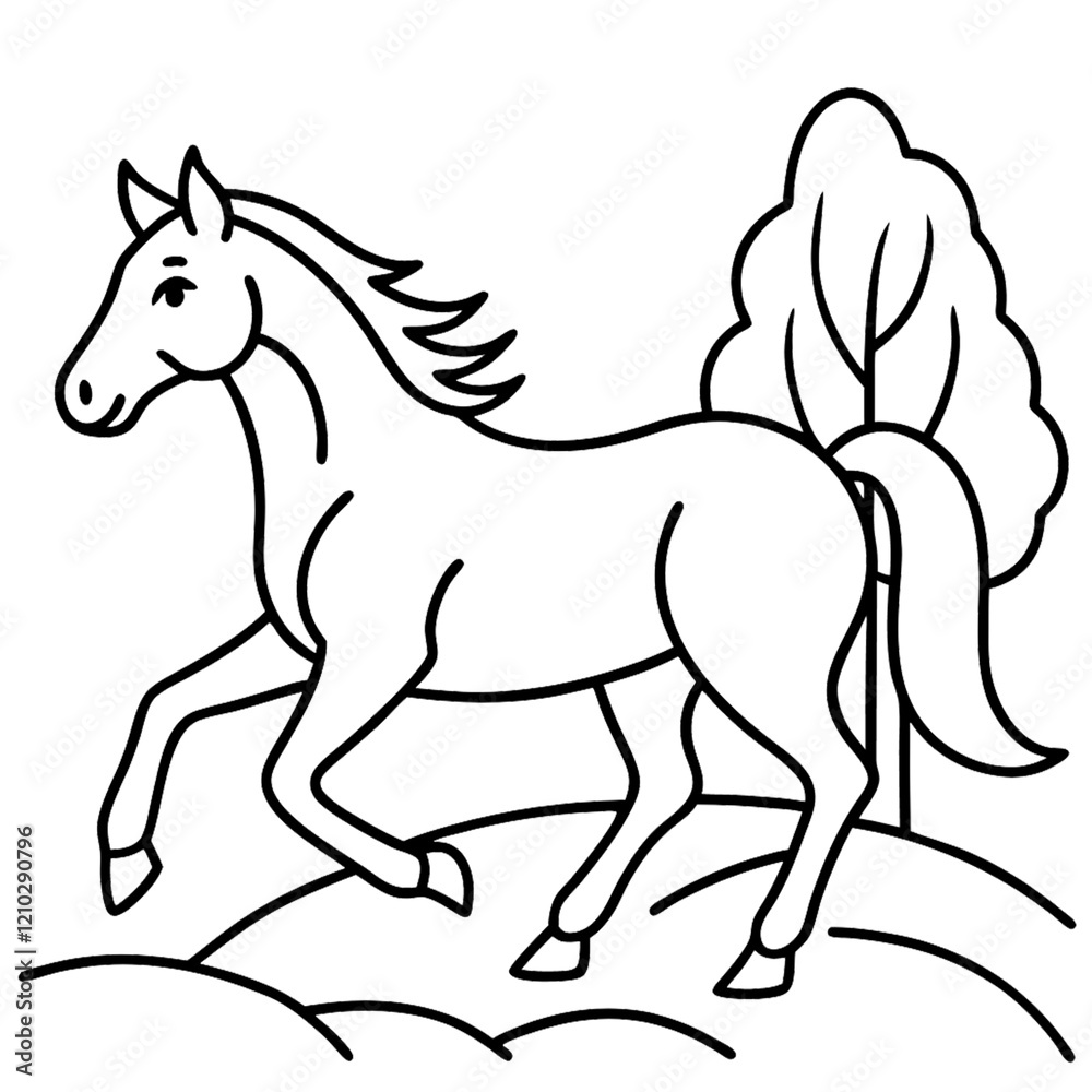Fototapeta premium Minimalist line drawing, graceful horse galloping, pine trees background, black and white illustration