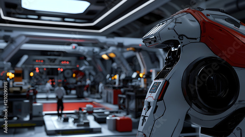 Wallpaper Mural A hyper-detailed futuristic robot with a sleek red and black design, standing in a high-tech laboratory filled with advanced equipment. Represents robotics, innovation, and artificial intelligence Torontodigital.ca