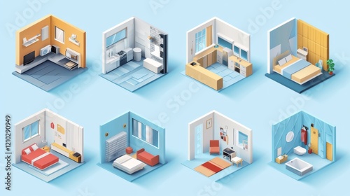 Vector isometric low poly home rooms set. Includes living room, bathroom, kitchen, kids room, garage, bedroom, and other