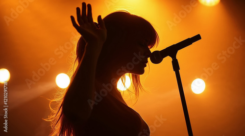 Silhouette of Indie rock singer from Los Angeles, USA on stage. Pretty young woman singing in microphone in bright lights