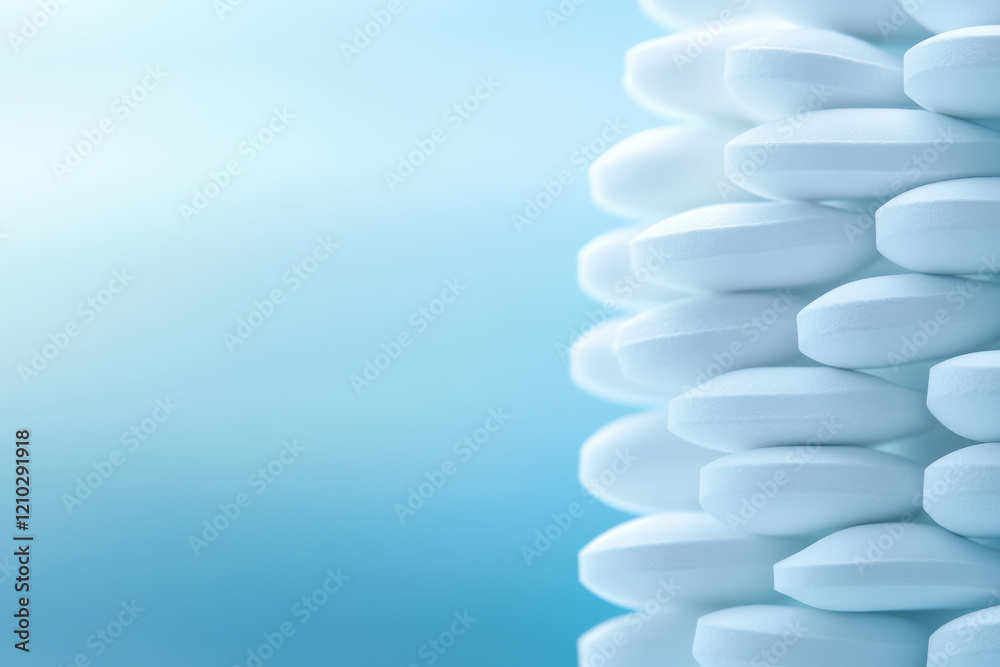 Stacked White Pills, Light Blue Background, Copy Space