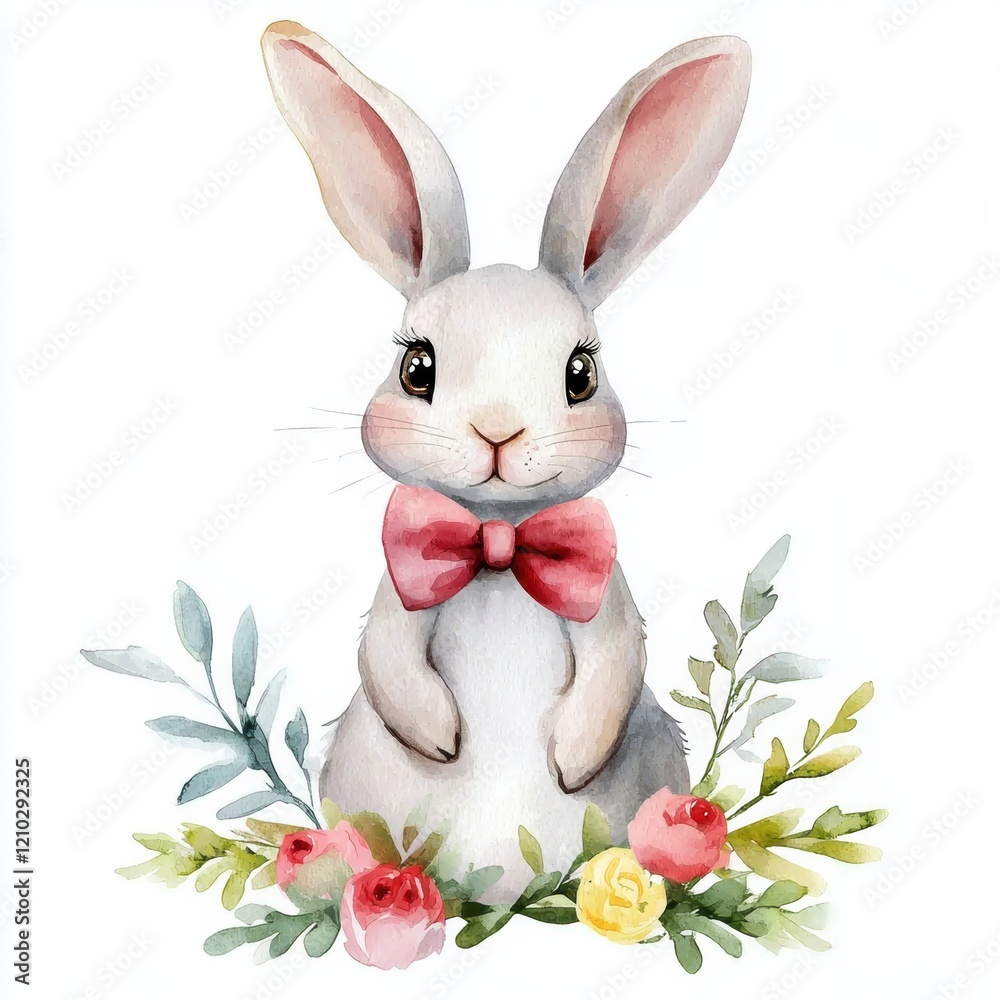 Fototapeta premium Cute cartoon bunny with pink bow tie among pastel flowers