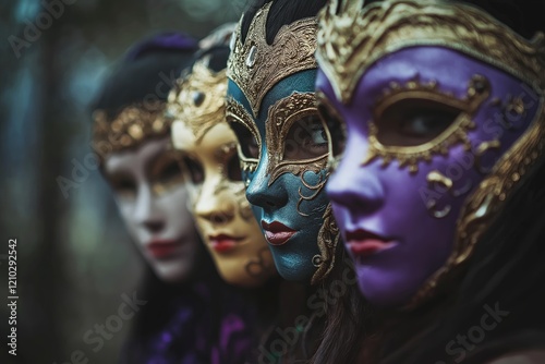 Mysterious masked women in colorful intricate venetian masks in enchanted forest