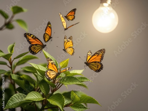 Butterflies flit about a cluster of fresh leaves near a glowing light bulb, showcasing the beauty of their movement against the static background, flower, motion