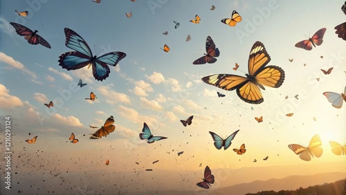 Butterflies of all shapes and sizes suspended in the air shimmering in the sunlight, fluttering butterflies, butterfly field, airy spectacle