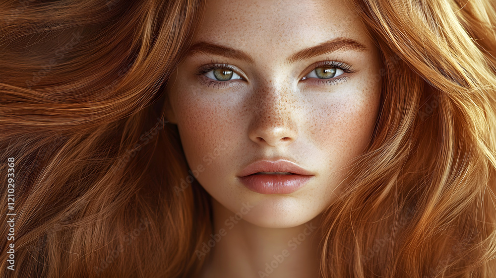 Obraz premium Close-up of a young woman with red hair, freckles, and piercing green eyes, exuding natural beauty and elegance. Close-up