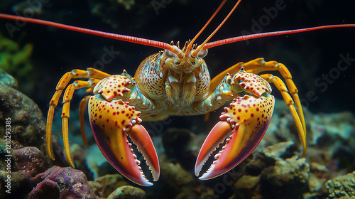 Highlight the lobster's vibrant red and golden hues.