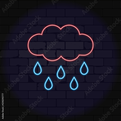 Cloud icon with rain and drops neon 