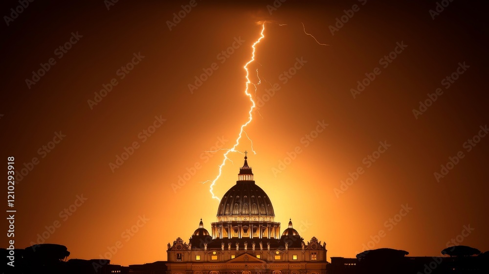Obraz premium A dramatic lightning strike illuminates St. Peter's Basilica against a fiery orange sky, creating a stunning and powerful visual contrast.