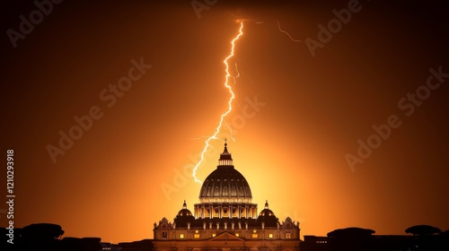 A dramatic lightning strike illuminates St. Peter's Basilica against a fiery orange sky, creating a stunning and powerful visual contrast.