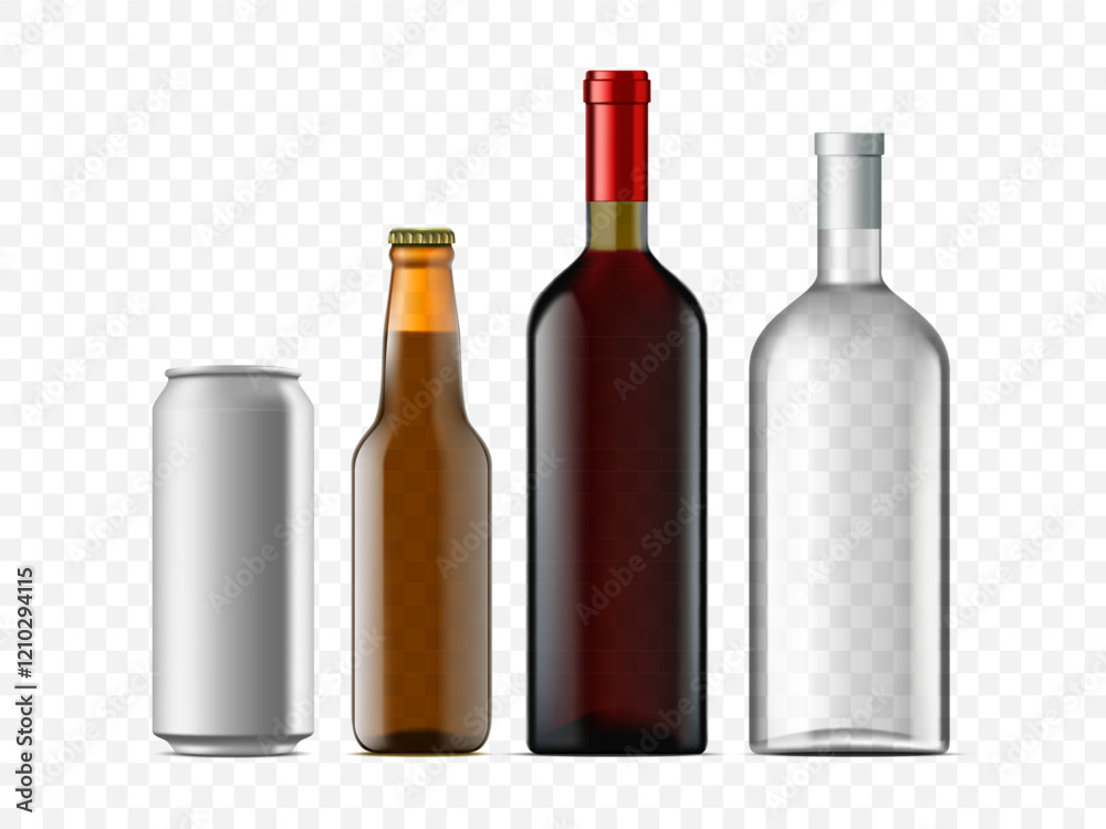 Glass bottles with alcohol and a can of beer. Template isolated on transparent background. Vector mockup Glass bottles with alcohol and a can of beer. Template isolated on transparent background. Vector mockup