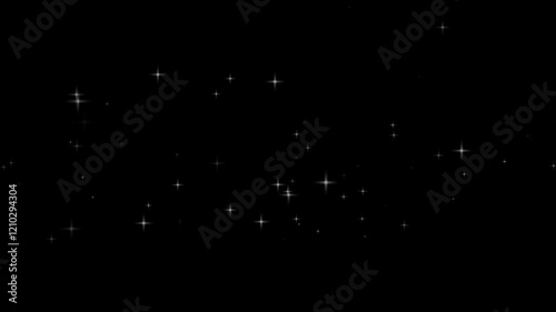 Animation video of twinkling stars of all sizes moving from left to right on black background. Seamless loop