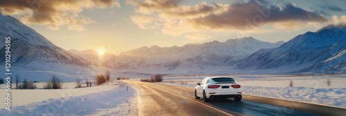 Chic white car travels through vast winter wilderness.