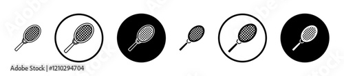 Racquet icons set in black filled and stroke line style