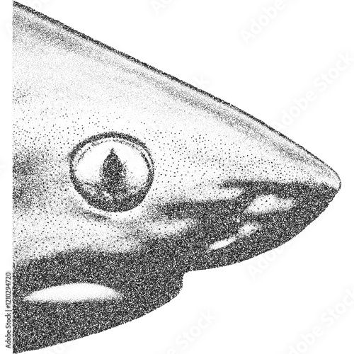 Illustration of a shark snout in profile. Stippled effect. Monochrome. 
