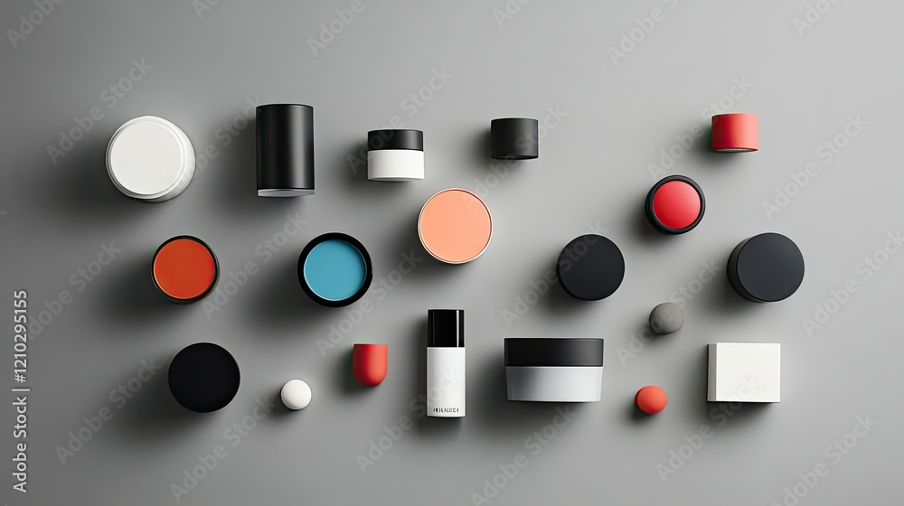 Neatly arranged beauty products on a sleek grey background, from skincare jars to vibrant lipsticks, perfect for modern visuals. Neatly arranged beauty products on a sleek grey background, from skincare jars to vibrant lipsticks, perfect for modern visuals.