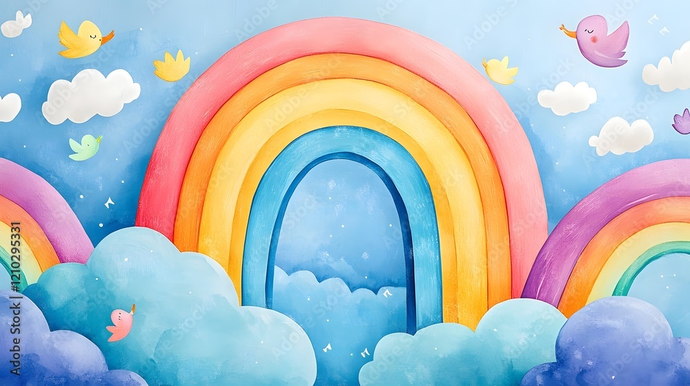 Vibrant Childlike Rainbows and Fluffy Clouds with Whimsical Hand Drawn Accents Featuring a playful imaginative scene with colorful stylized elements and a dreamlike ethereal atmosphere Vibrant Childlike Rainbows and Fluffy Clouds with Whimsical Hand Drawn Accents Featuring a playful imaginative scene with colorful stylized elements and a dreamlike ethereal atmosphere